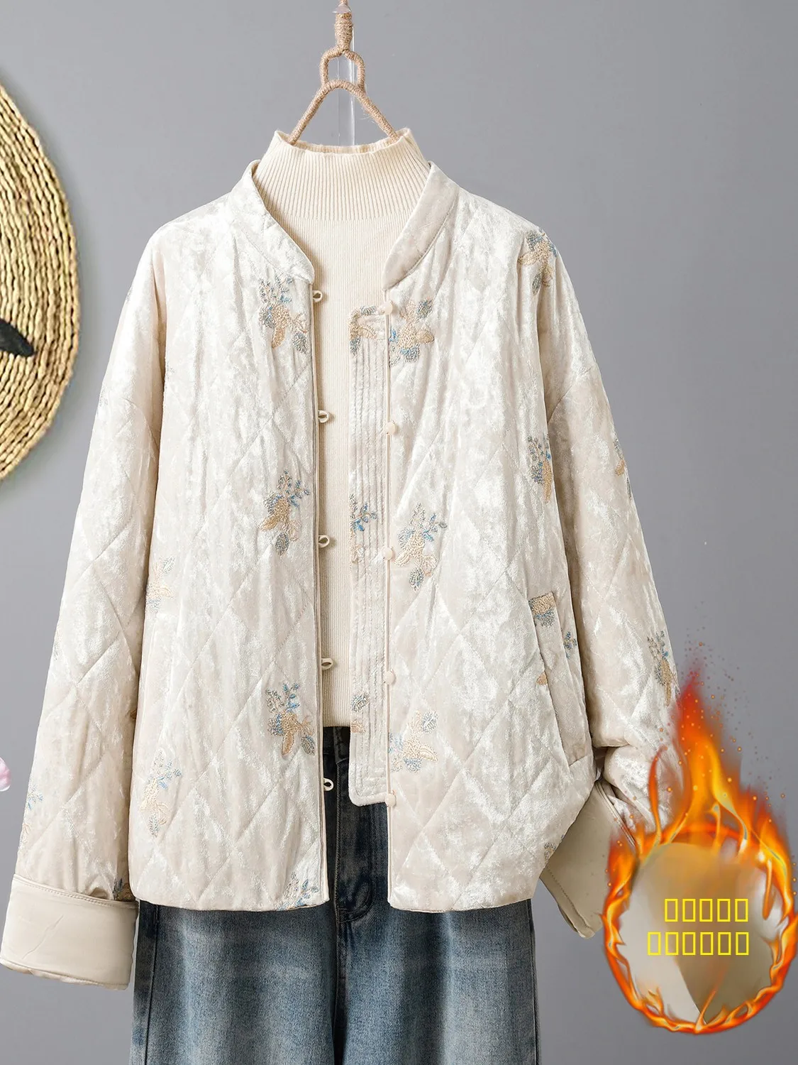 New Chinese Sle Women's Thiened Cotton Jaet Embroidered Floral Pattern Faionable Top Winter Warm Long Sve Coat