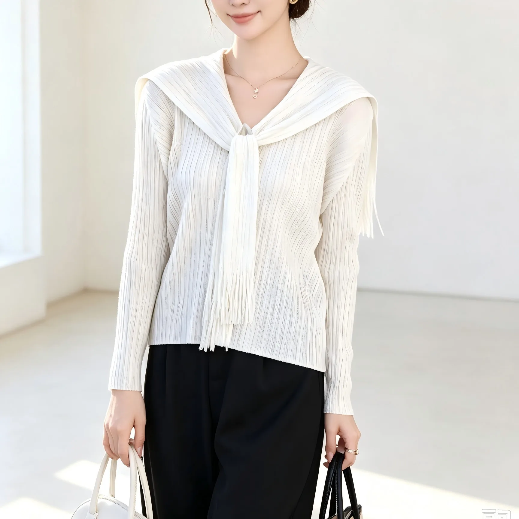 Miyake Women Sailor Collar Tassel Tie Pleated Blouse, V‑Neck Button Decor Long‑Sleeve Loose Cropped Casual T‑Shirt