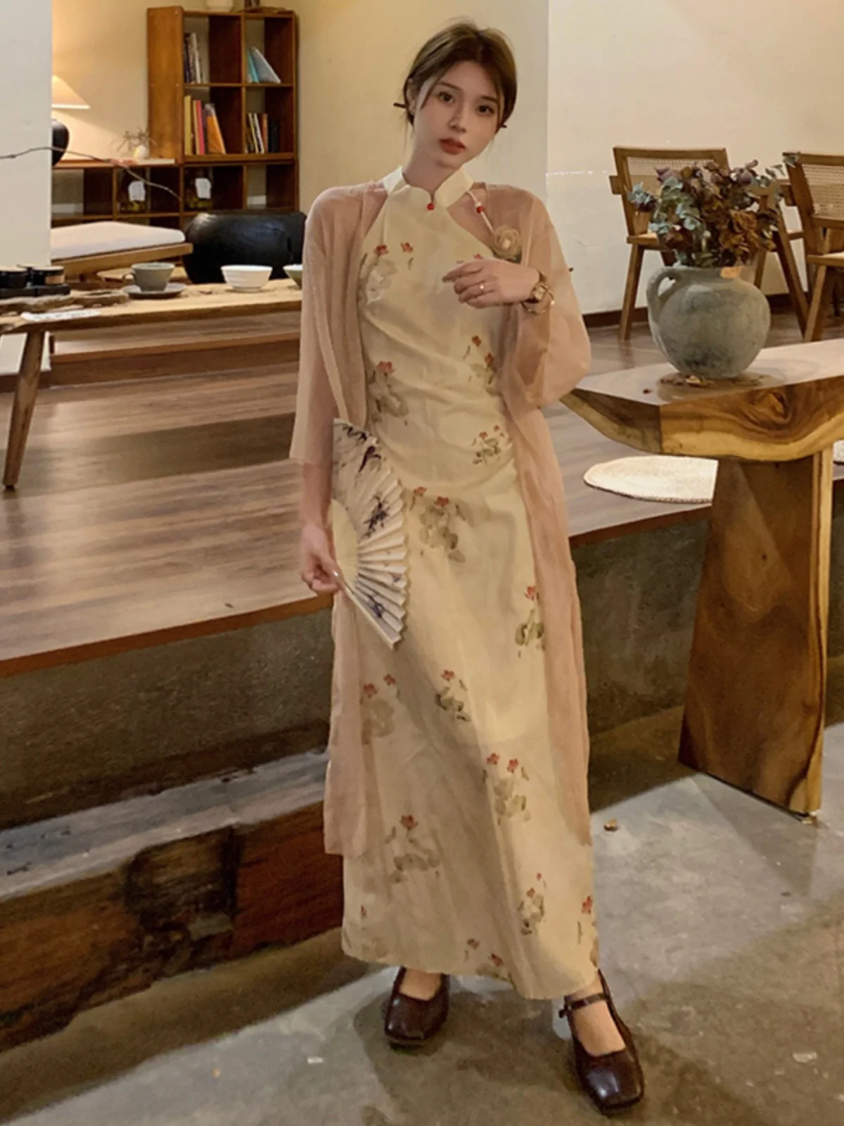 

New Chinese Style Dress Waist-Cinching Qipao Design Slimming Concealing Retro Long Skirt Women's Fashion Commute Korean Style
