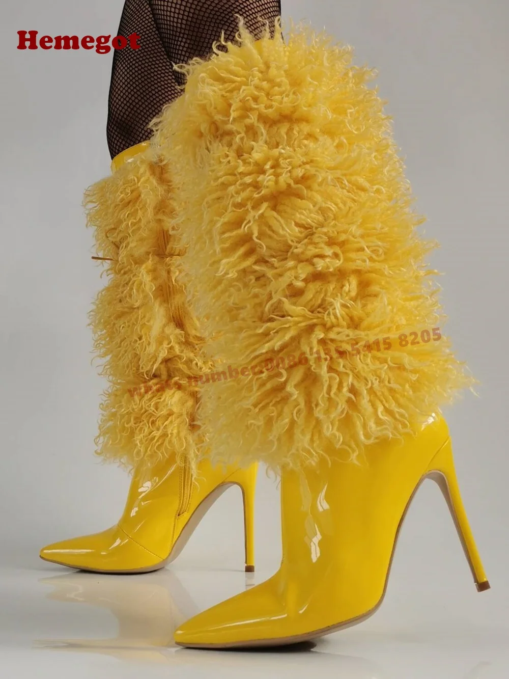 Yellow Fur Side Zipper Long Boots Winter 2025 New Pointy Toe Glossy Fluffy Women's Knee High Boots Splicing Casual Shoes Sexy