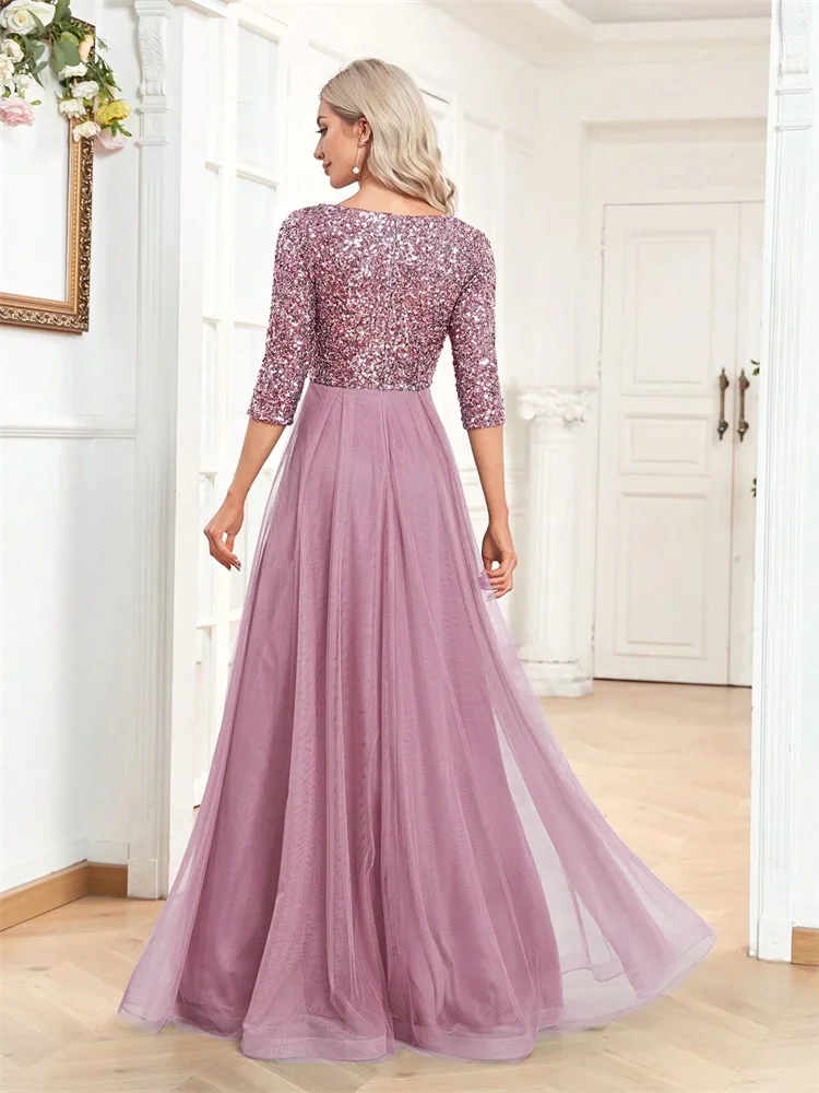 Luxury Sequin V-Neck Evening Dress Women Elegant Tulle Party Maxi Dress Short Sleeves Prom Floor Length Graduation Cocktail Gown