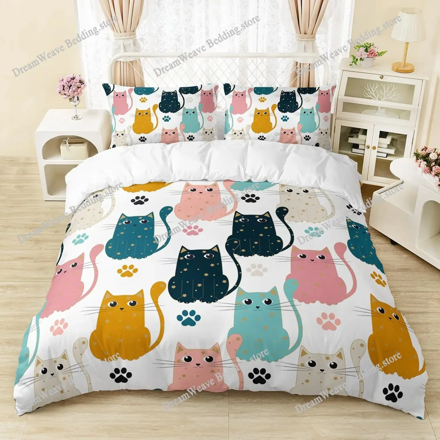 

Cartoon Cat Duvet Cover Set Full Size, Cute Cat Bedding Sets for Kids Girls, Blue Watercolor Cat Comforter Covers Set All Season