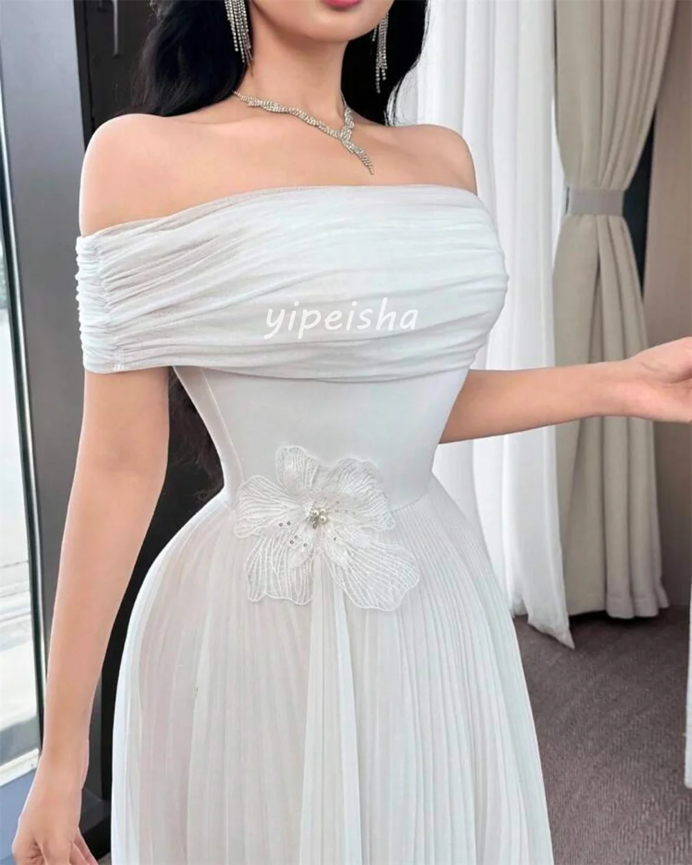 Customized High Quality Classic Chiffon Handmade Flower A-line Off-the-shoulder Ankle Length Dresses Bespoke Occasion Dresses