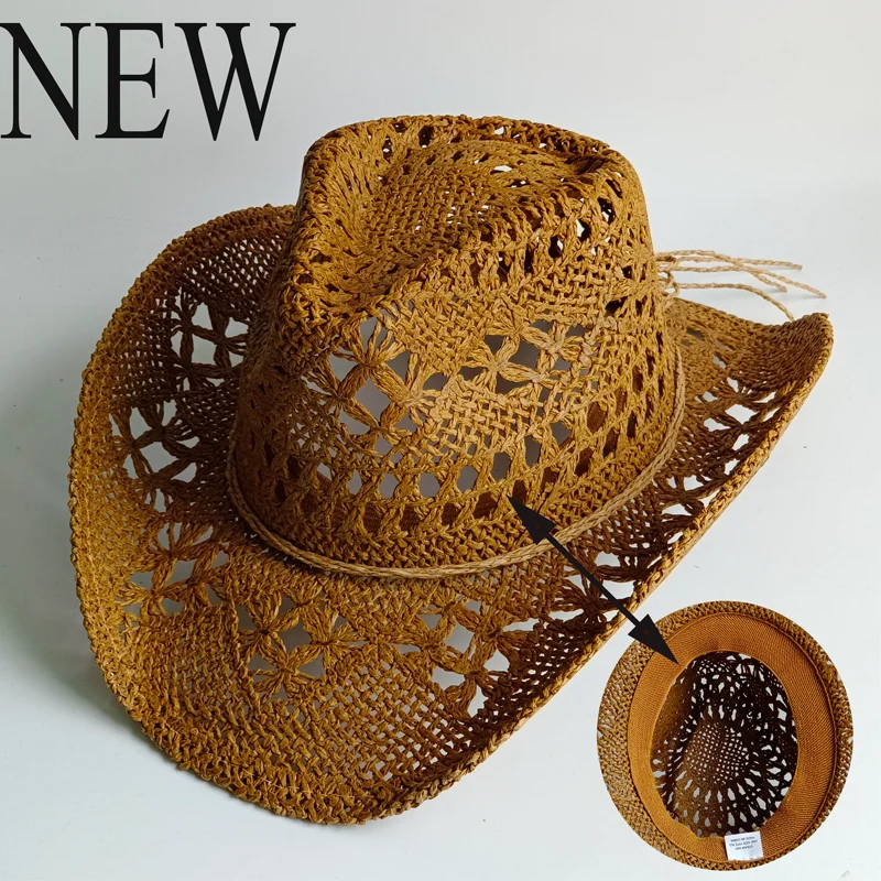 Khaki Vintage Summer Beach Bohemian Straw Hat Shell Women Men Western Cowboy Hats Wooden Beads Hollow Out Sun Hat Holiday Cap