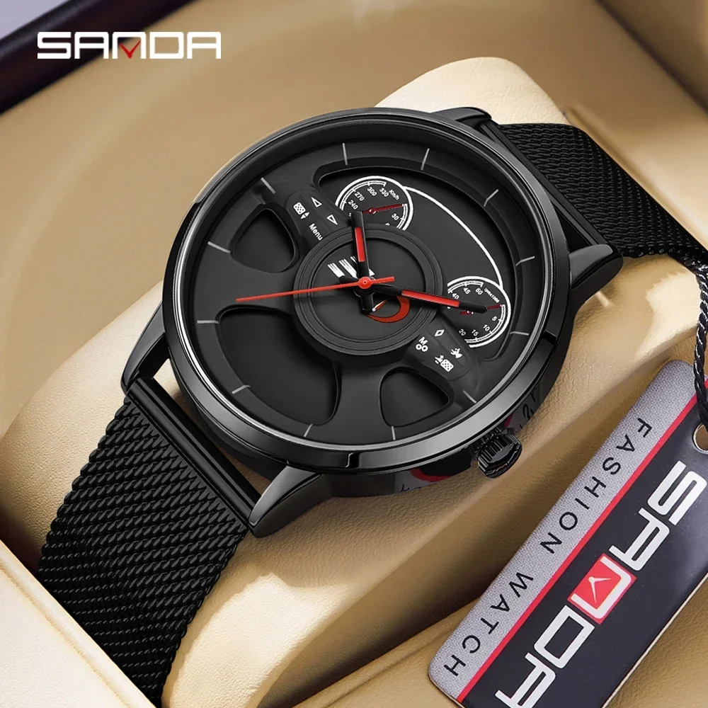 

SANDA 1138 New Arrival Leather Band Car Spinning Rim luxury Men's Watches Custom Design Quartz Wristwatch Waterproof Wheel Watch