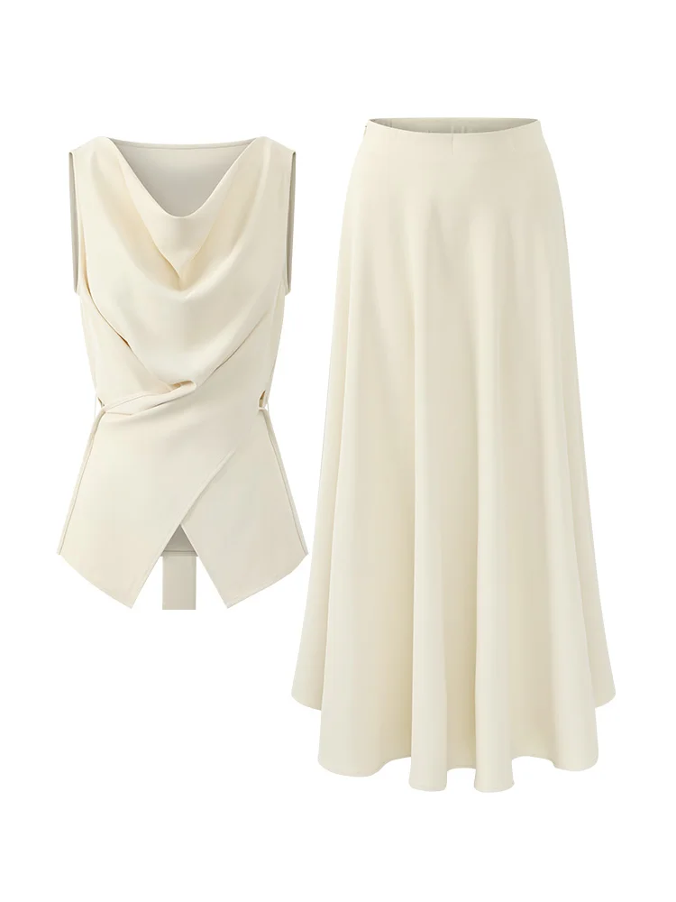 Elegant White Cowl Neck Top Set Sleeveless Blouse High Waist Maxi Skirt Flowy Two Piece Outfit Women Summer Chic Casual Fashion