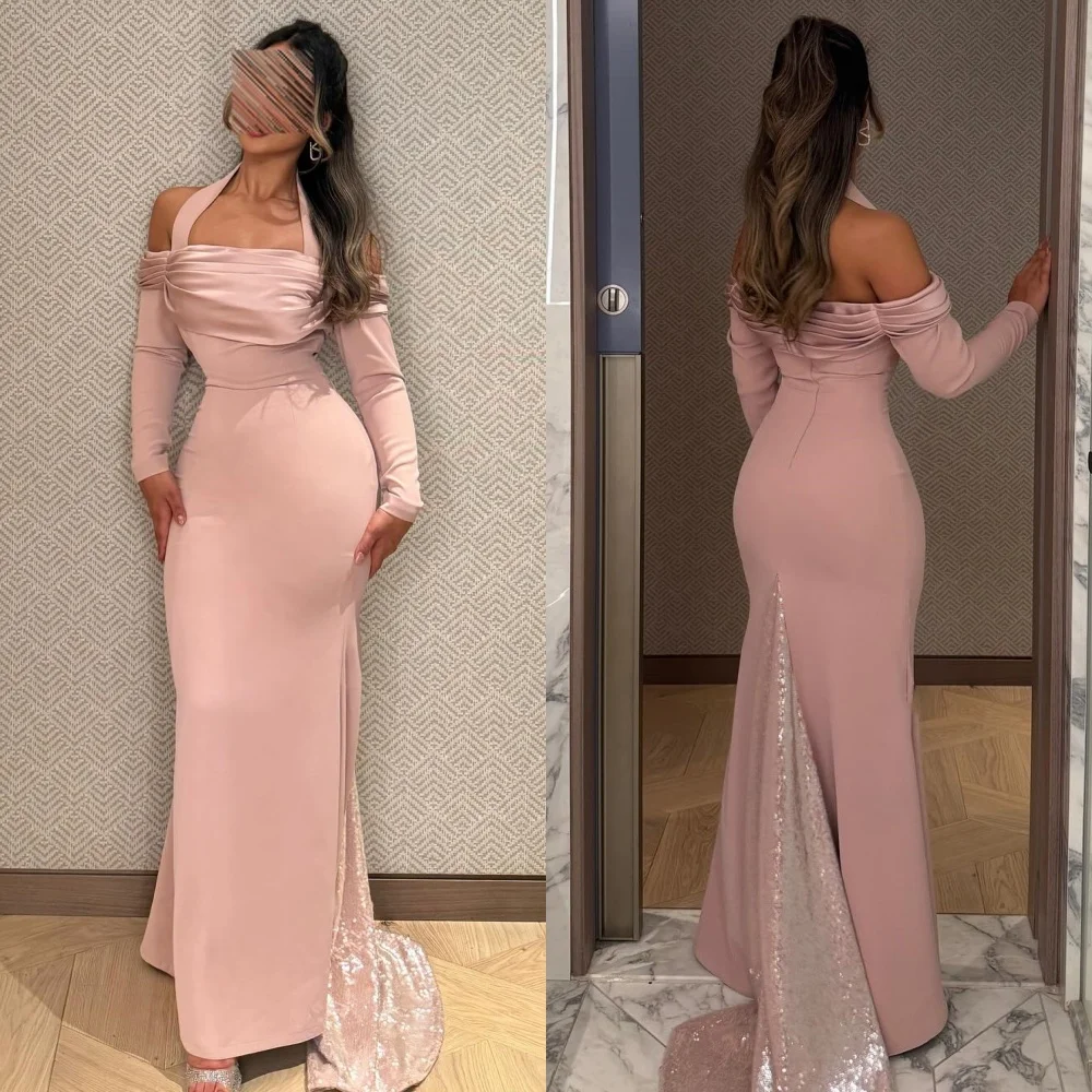 

Customized Fashion Classic Jersey Sequined Pleat Column Halter Long Dresses Bespoke Occasion Dresses Sizes Available Matching