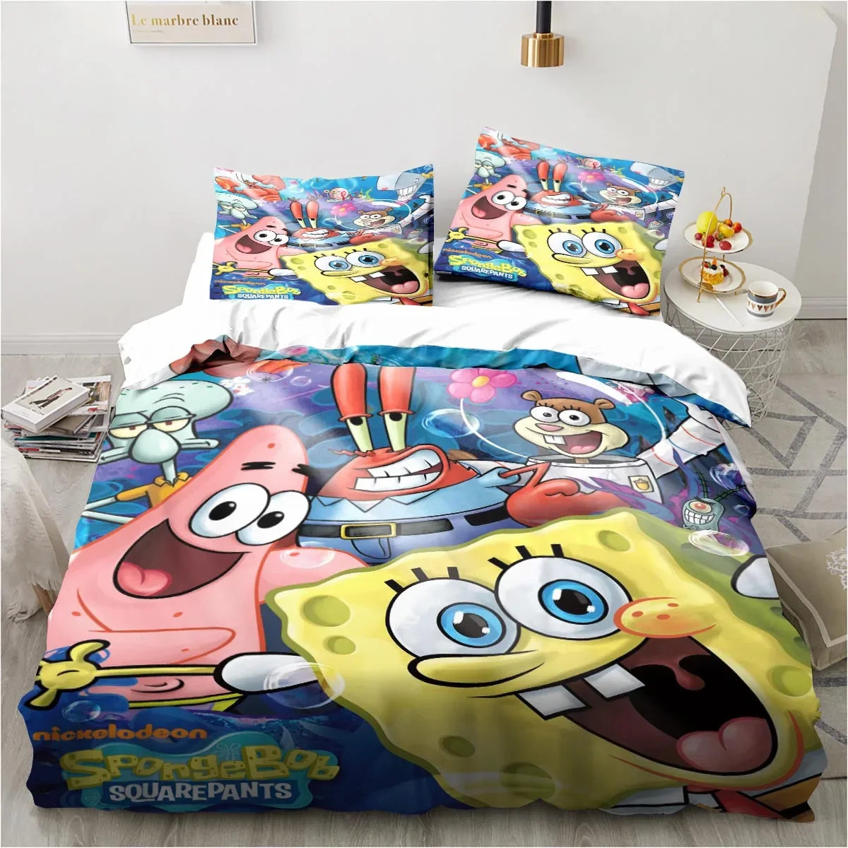 Imagem -05 - Desenhos Animados Spongebobs Bedding Conjunto para Crianças Folha de Escavadeira Rei Gêmeo Duplo Mircofiber ou Poliéster Duvet Cover