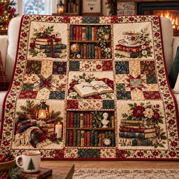 Vintage Book Quilted Blanket, Library Bookshelf Teacup Throw, Dark Academia Cozy Reading Decor, Sofa Throw, Gift for Reader
