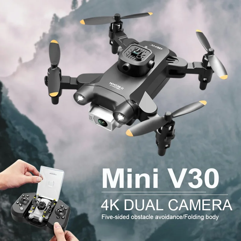 

Мини V30 WiFi FPV Дрон с двойной камерой 4K HD Дроны для предотвращения препятствий Складной радиоуправляемый квадрокоптер Подарок для взрослых Дети Черный Серый