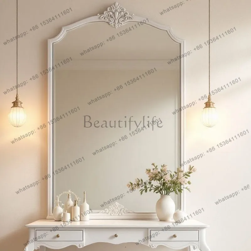 Retro master bedroom makeup table dressing mirror baroque antique white fireplace mirror carved porch decorative mirror