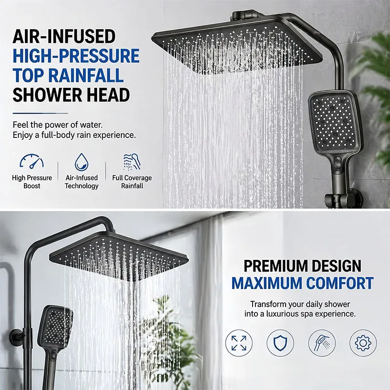 

Universal Fit High Pressure Shower Head – Air Boost Large Overhead Rain Shower, 360° Swivel Water Saving Supercharge Rainfall
