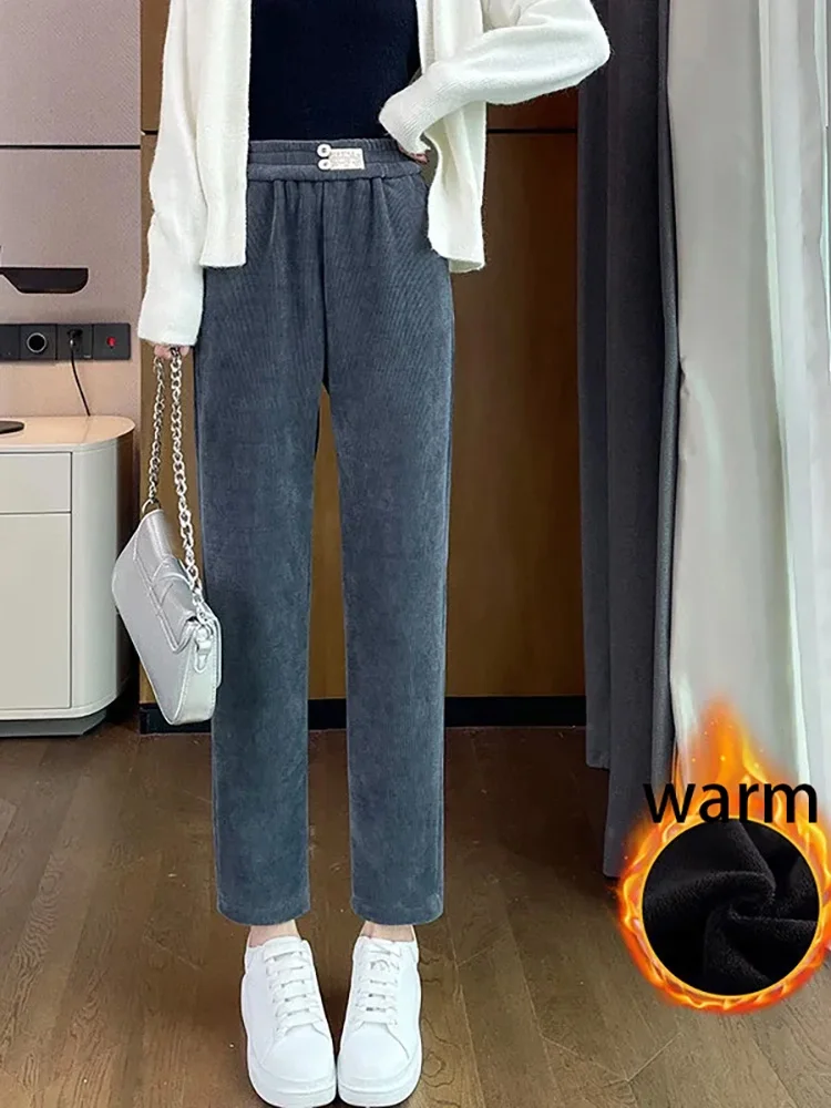 المرأة عادية مطاطا سراويلي حريمي سميكة المخملية سروال قصير بنطلونات فضفاض مستقيم عالية الخصر موضة بنطلون Hosen #3