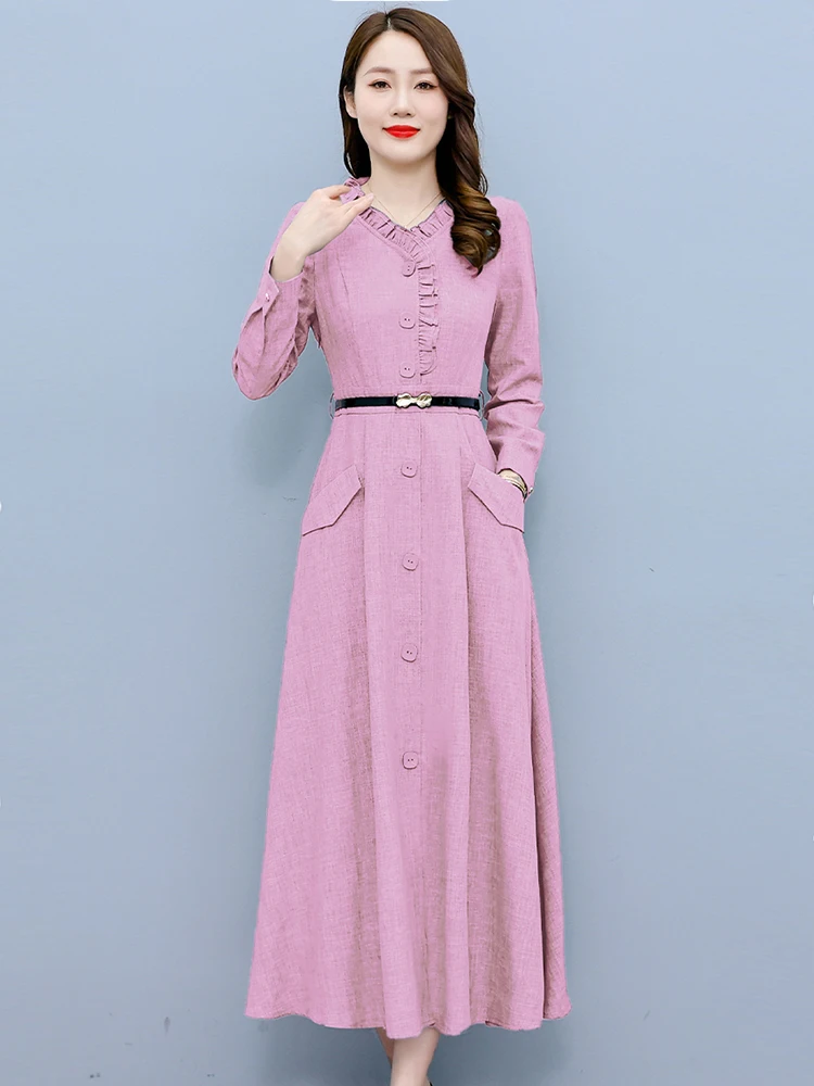 Spring Autumn Long Sleeve Cotton Linen Midi Dress Women Elegant Bodycon Office Lady Dress 2024 Vintage Solid Casual Party Dress