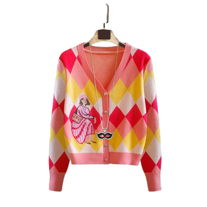 Vintage Sequins Embroidery Cartoon Argyle Sweater Women Fashion V-Neck Knitted Cardigan Mujer Pink Long Sleeve Tops 2023 Autumn