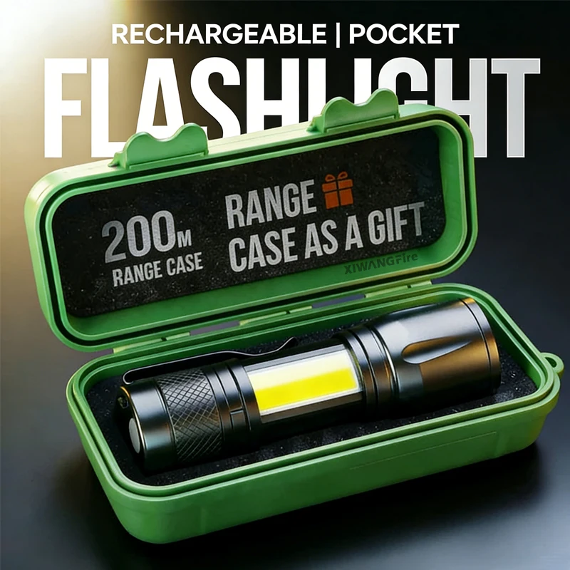 Portable Rechargeable LED Flashlight with Pen Clip Zoomable Waterproof Torch with Side Light Outdoor Camping Emergency Lantern