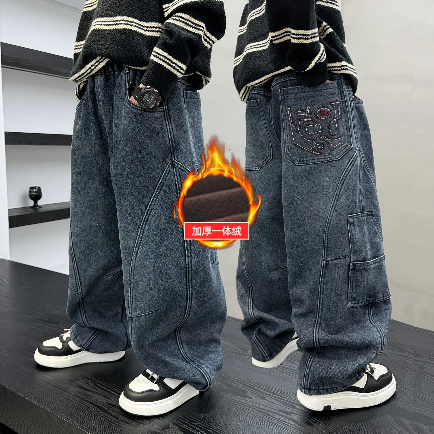 

Kids Retro Winter Insulated Cargo Jeans For Boys Casual Denim Pants Thickened Warm Fleece-Lined Trousers For Children 4-14Years