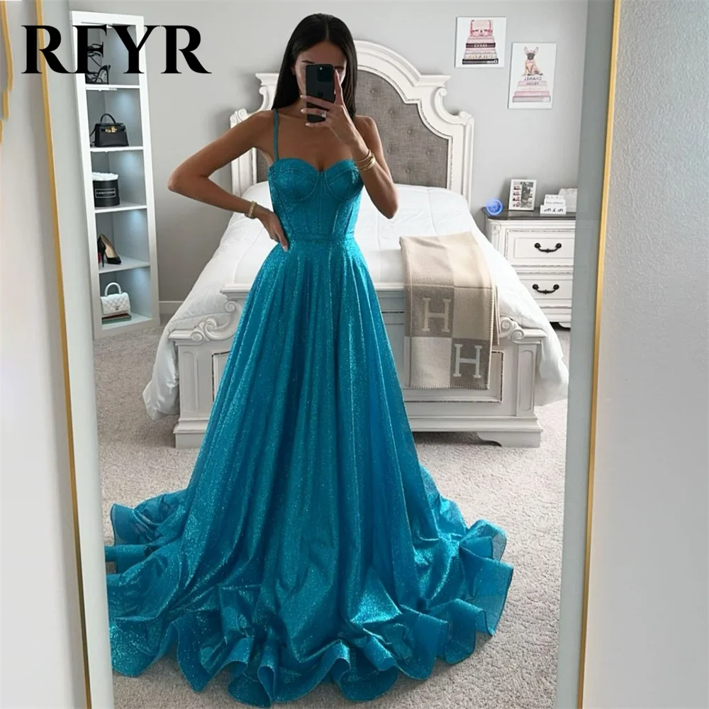 

RFYR Blue Sweetheart A-line Evening Dress Vestidos De Noche Sequins Tulle Prom Dress with Pleat Spaghetti Strap Long Party Dress