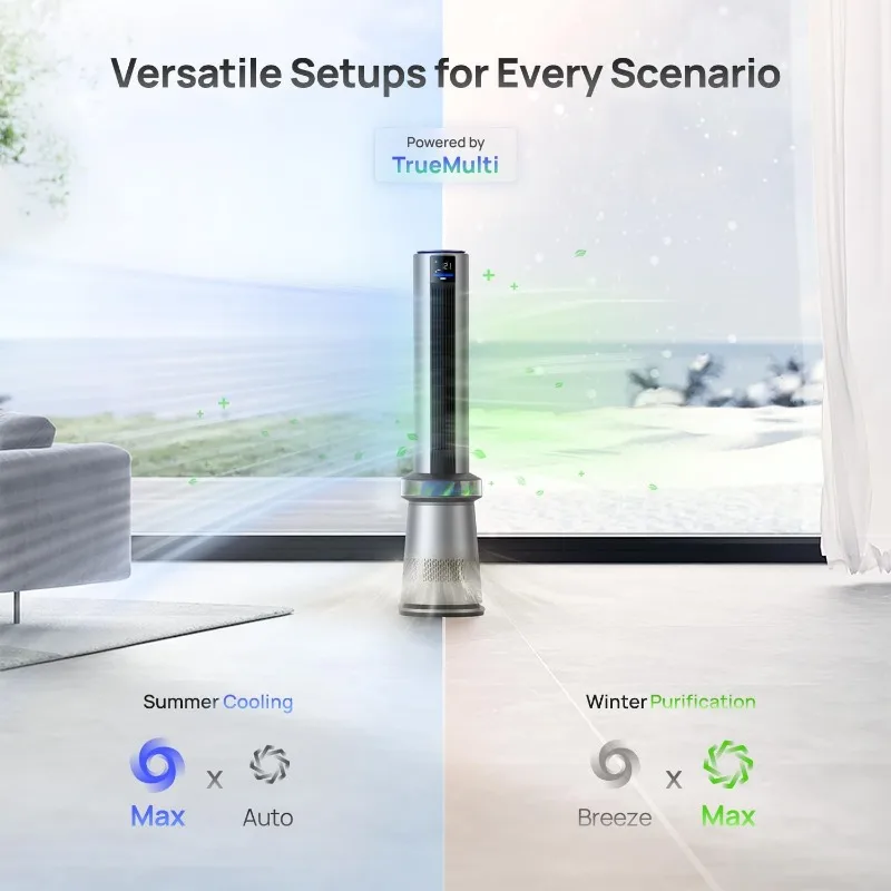 Ventilatore a torre, ventola intelligente 2 in 1 da 45 "per camera da letto, velocità 27ft/s, oscillazione a 120 °, ventole senza lama con Timer 24H per la casa