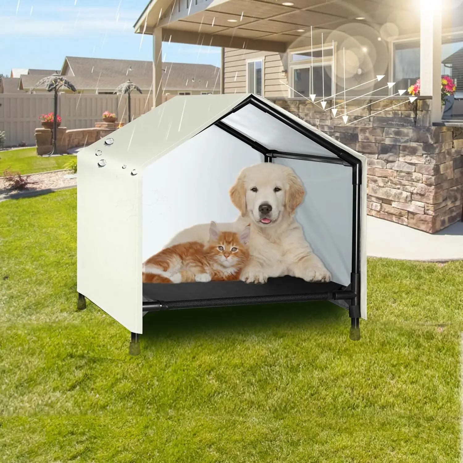 

Indoor Outdoor Dog House Elevated Dog Bed with Canopy for Small Medium Dogs Cats Outside Raised Dog Bed, Waterproof & Sunproof