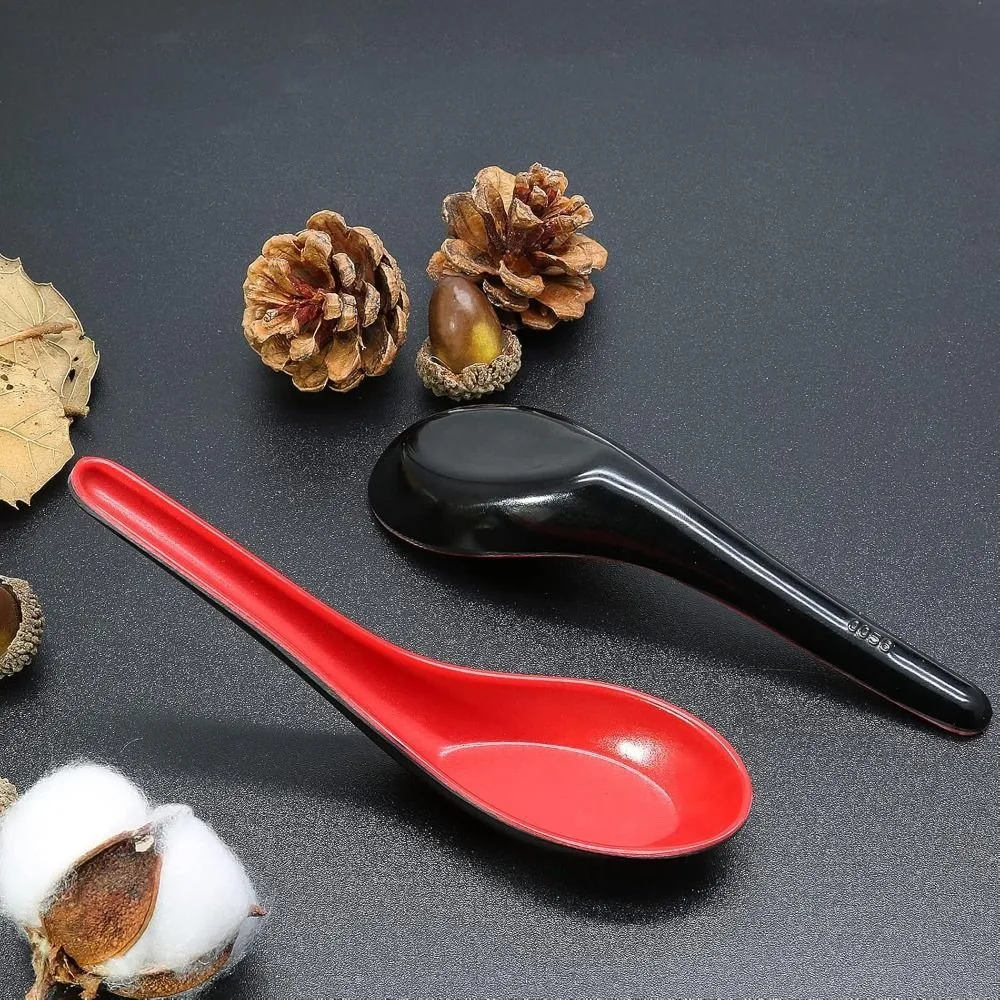 2pcs Japanese Style Melamine Red Black Soup Spoon Long Handle Simulated Ceramic Ramen Spoon Heat-resistant Drop-resistant