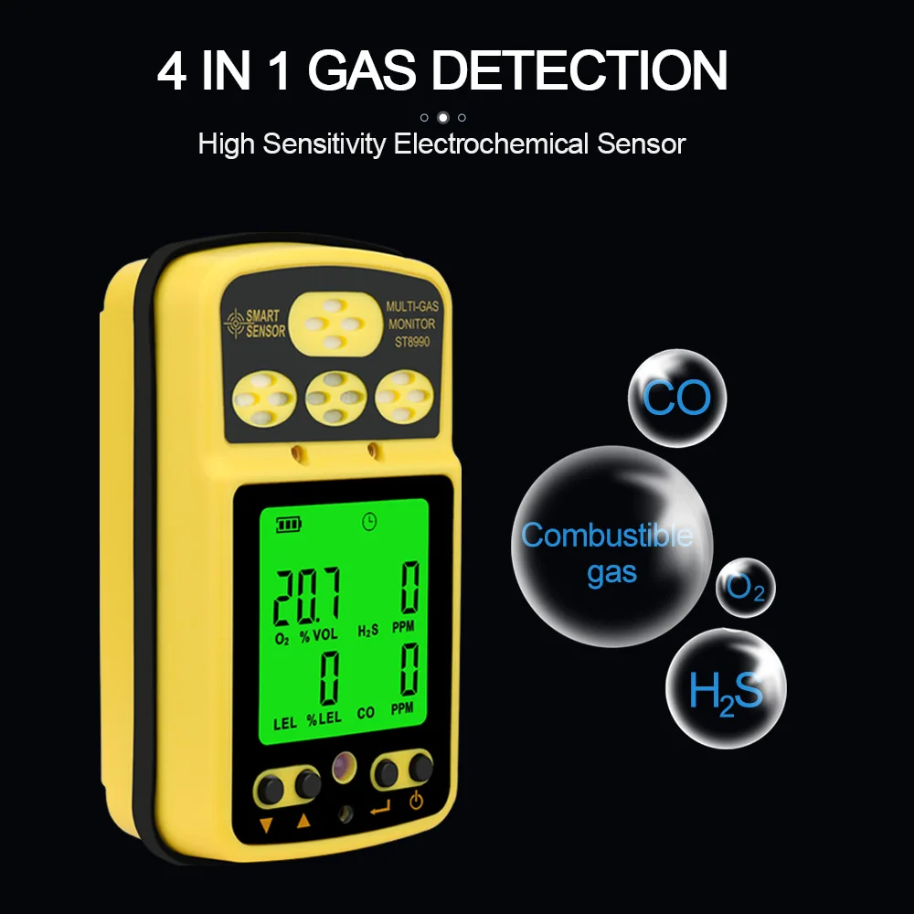 Gas Monitor 4 in 1 O LEL CO H₂S Portable Gas Analyzer with Backlight Alarm Function ST8990 Rechargeable Gas Detector