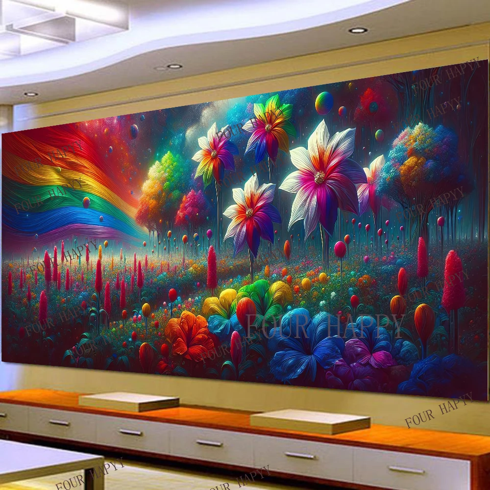 5D DIY Large Diamond Painting Cross Rainbow Colorful Flowers Landscape Wall Art, Full Round Drill, Embroidery Home Decor