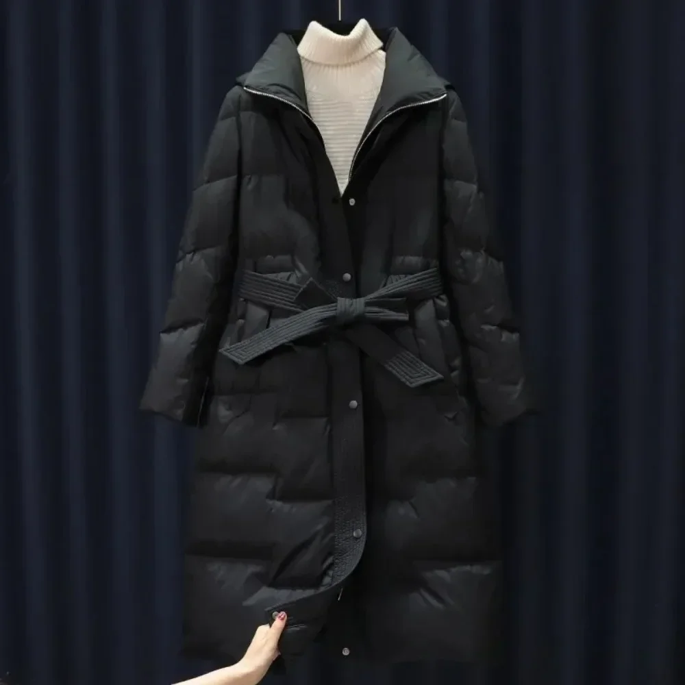 Fashion Casual New Winter Women Thick Warm Coat White Duck Down Long Jacket with Belt Luxury Slim Parka Hooded Outerwear Female