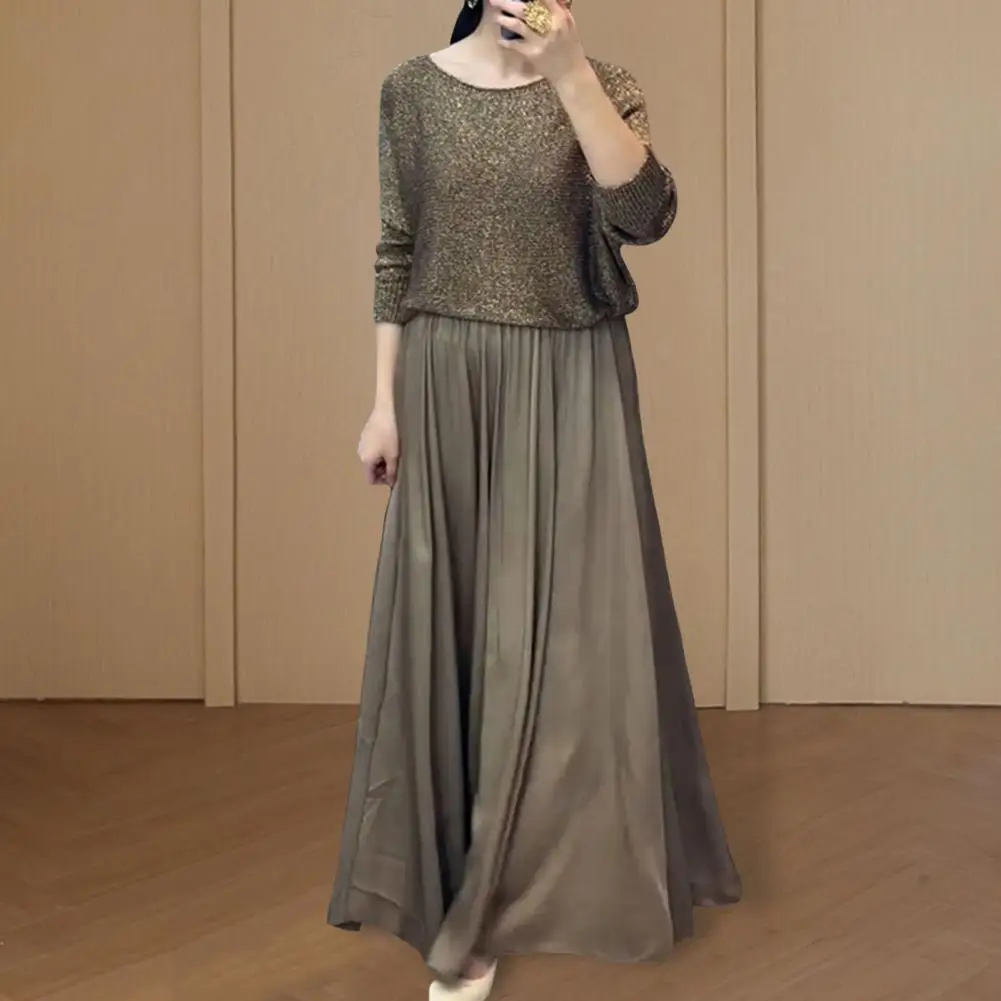 Women Two Piece Maxi Skirt Set Gleaming Thread Soft Touch Press Free Easy Care Metallic Yarn Duo Blouse Suit Luminous Gloss