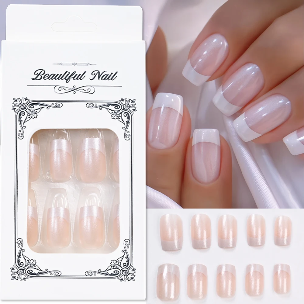24 قطعة بريق ناعم قصير مربع الضغط على الأظافر عارية الفرنسية الأظافر وهمية مع نصائح لامعة قابلة لإعادة الاستخدام مجموعة الأظافر الاصطناعية كاذبة #3