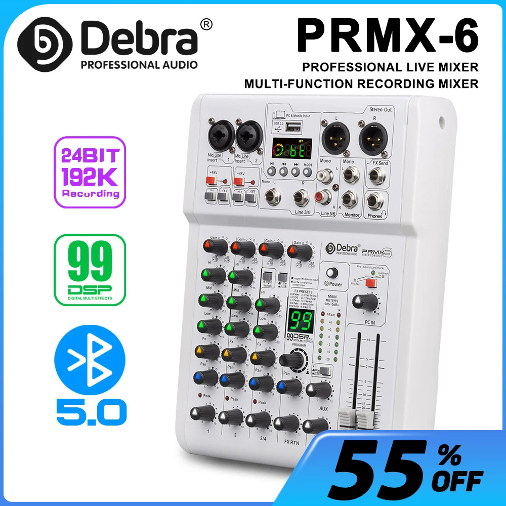 PRMX-6 Professional Audio Mixer, 48V Phantom Power with Bluetooth 5.0, 99 DSP Effects, for Bar DJs, Studios, Computer Recording