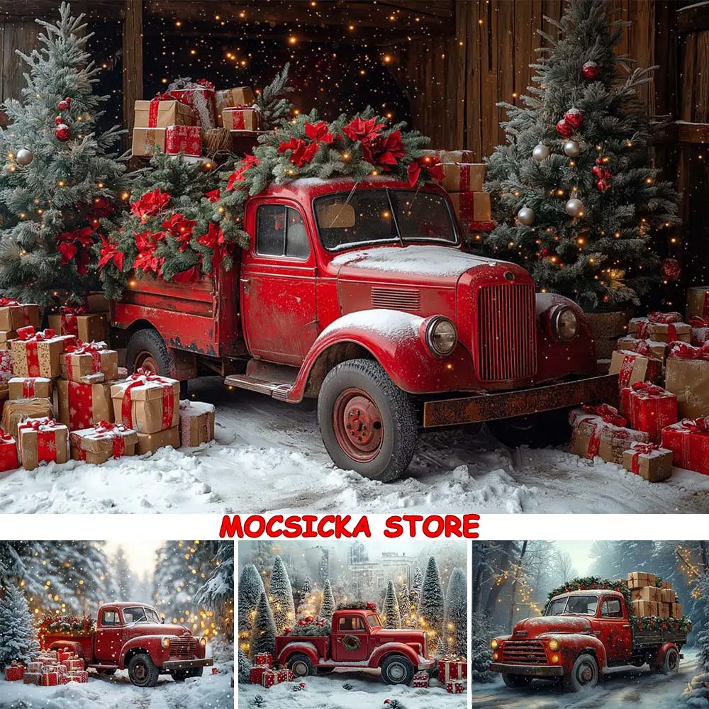 

Mocsicka Photography Background Winter Snowfield Red Car Gift Boxes Xmas Snow Forest Outdoor Child Portrait Photo Backdrop Props