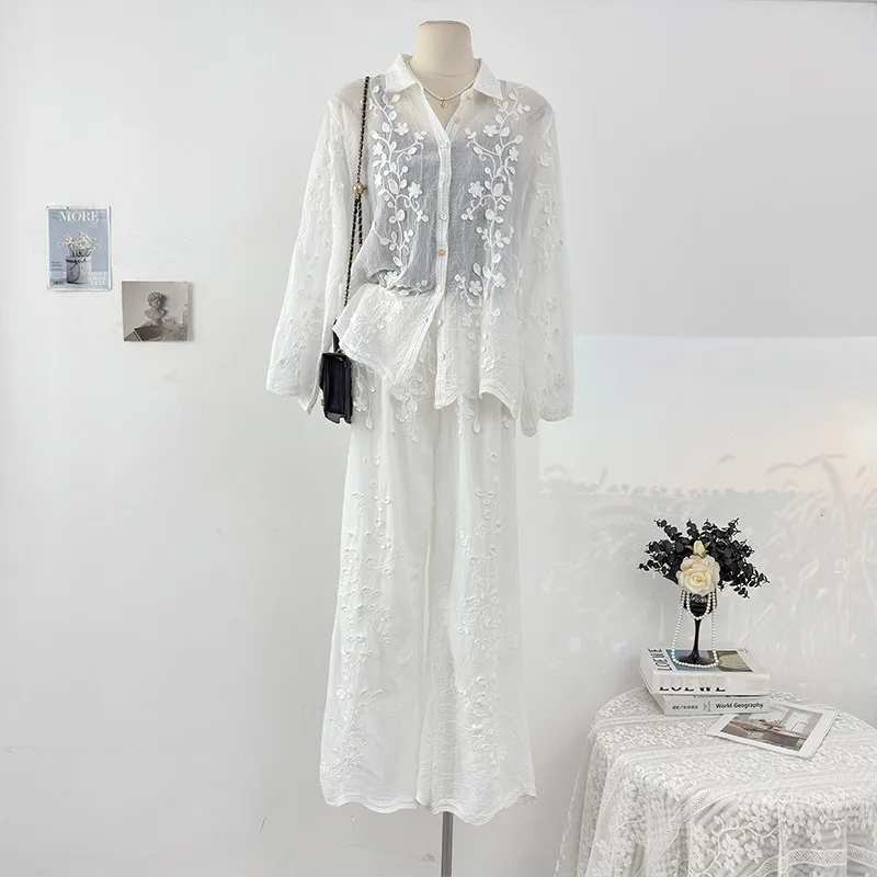 

ALPHALMODA 2026 Spring, Embroidered Flower, Lapel Long-sleeved, Shirt ,Straight Pants, 2pcs Casual Suit, for Women L