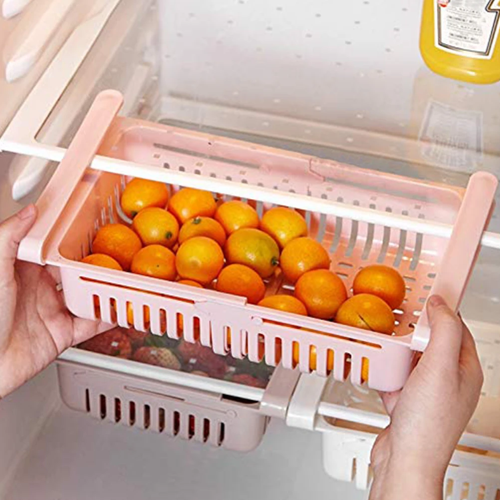 

2pcs Food Storage Retractable Fridge Organizer Space-Saving Refrigerator Box Kitchen Accessory Pink Hollow Mesh Design Easy