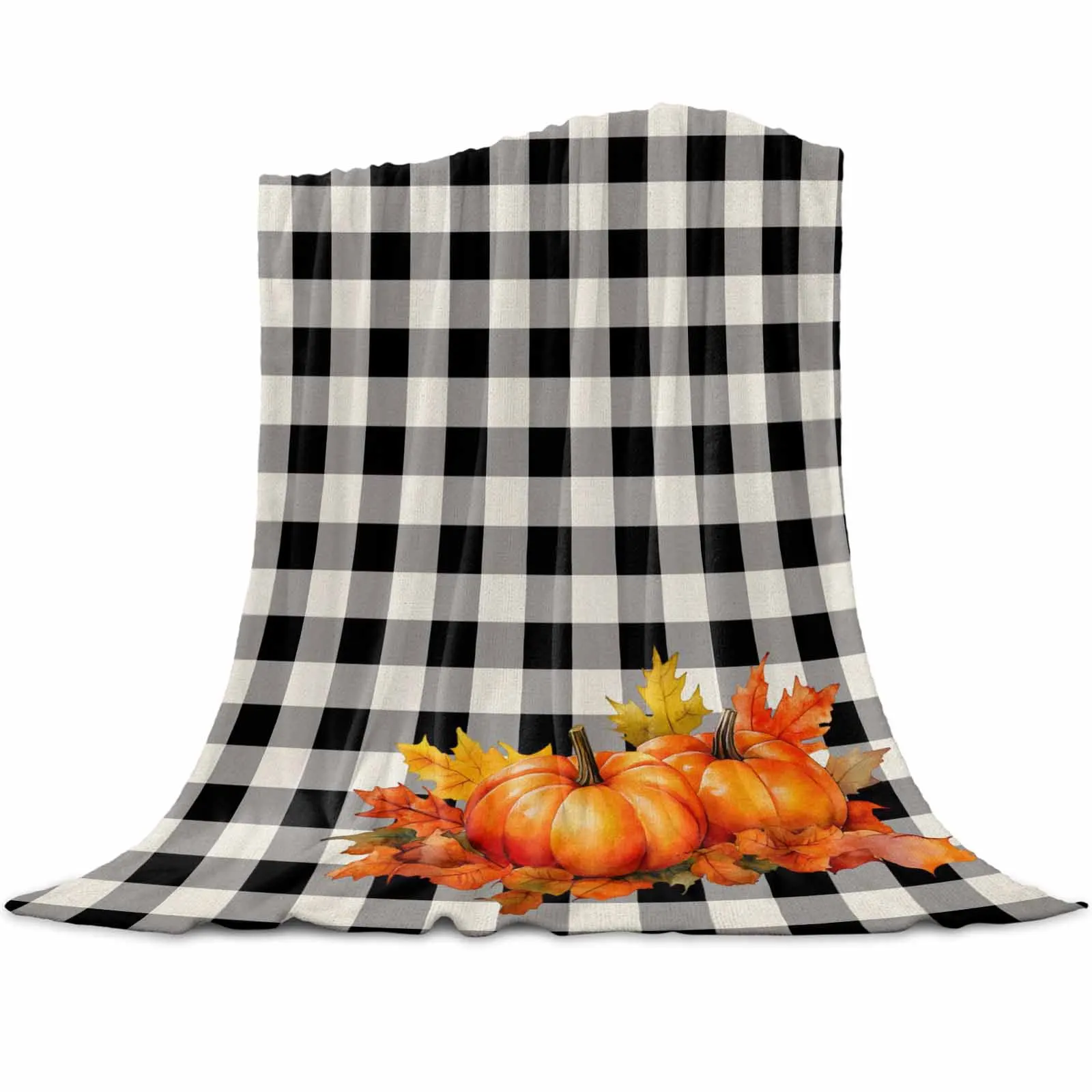 

Autumn Black White Gingham Pumpkin Throws Blankets for Sofa Bed Winter Soft Plush Warm Sofa Throw Blanket Holiday Gifts