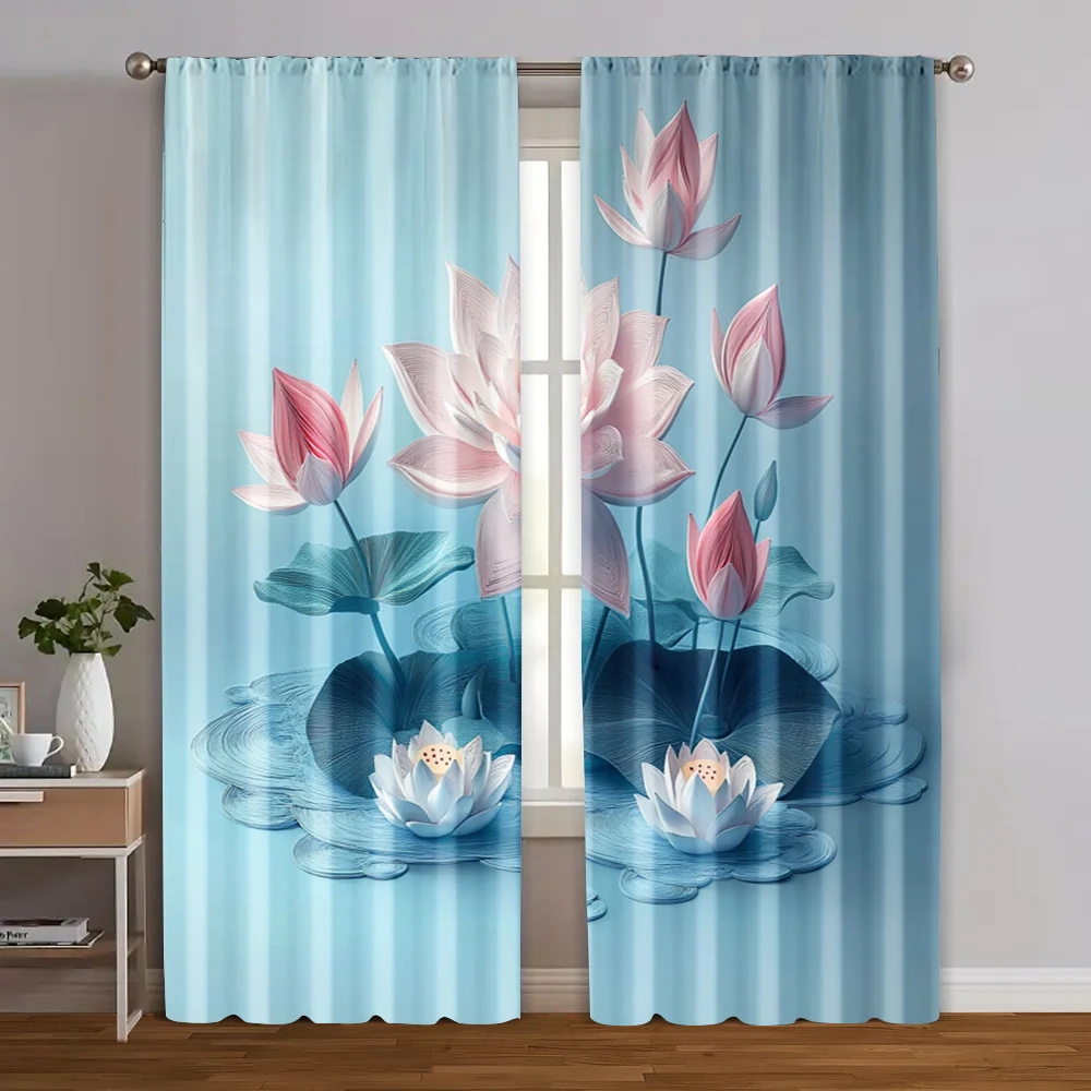 

2pcs, Print Curtains 2D print light blue lotus Polyester (without rod) All Seasons for Bedroom, Living Room