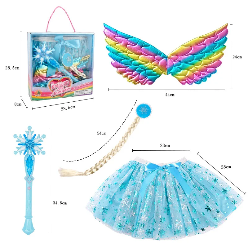 Children Girl Grooming Toy Halloween Role-Playing Costume  Flashing Magic Wand Princess Veil Wing Necklace Wig Jewelry Set Toy