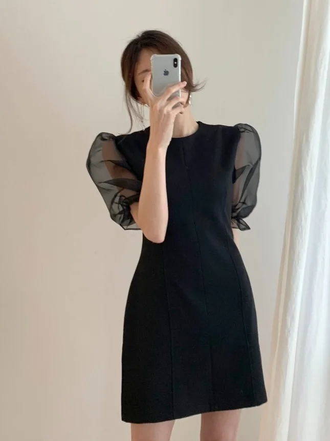 Hebe Sle Spliced Organza Bubble Sve Dr Women's A-Line ort Skirt Waist-Cinching Summer New Arrival Commute