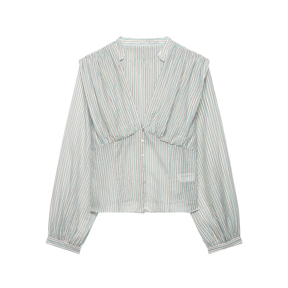 

WOMAN 2026 Summer New Fashion Striped Waist Blouses Retro V Neck Long Sleeve Button-up Casual Female Shirts Blusas Chic Tops