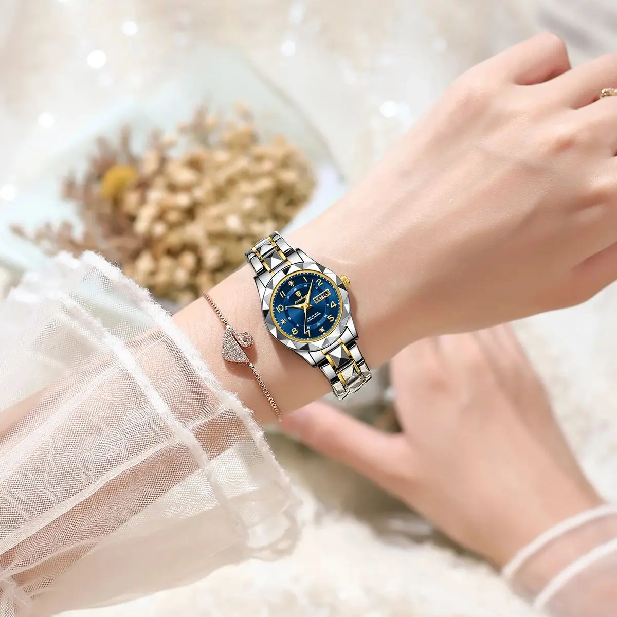 POEDAGAR موضة ساعات كوارتز نسائية تاريخ الأسبوع مقاوم للماء مضيئة السيدات ساعة الفولاذ المقاوم للصدأ الفاخرة ساعة اليد النسائية Reloj