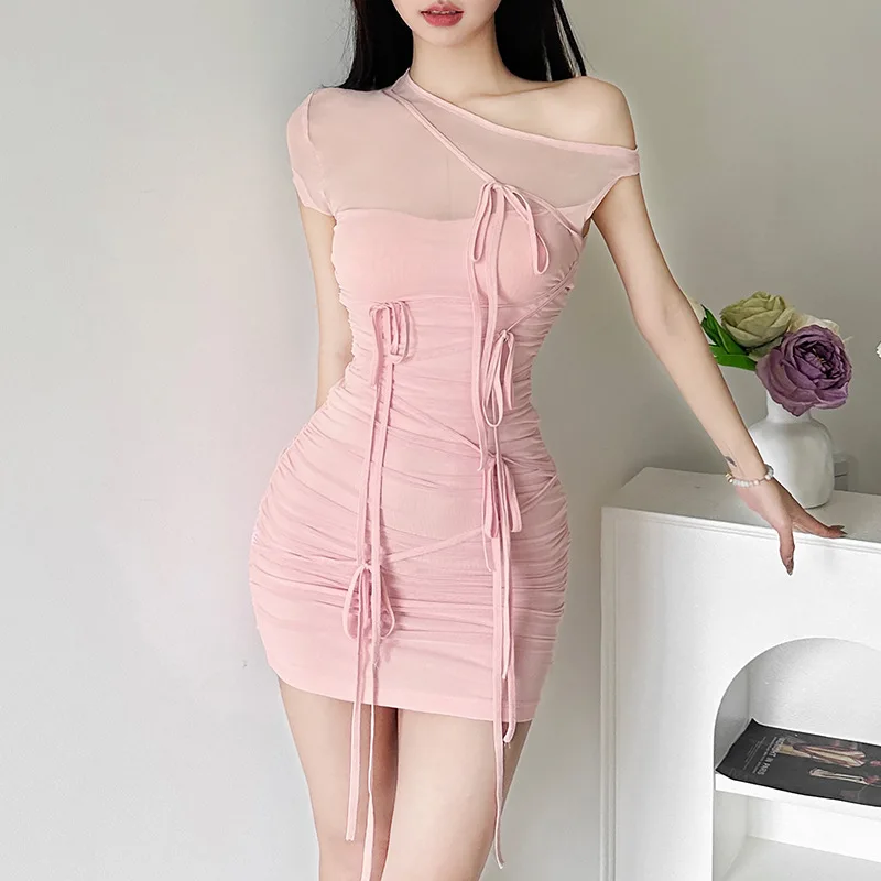 

2024 Summer New Women's Pure Desire Sexy Oblique Shoulder Mesh Perspective Lace Pull pleated Dress