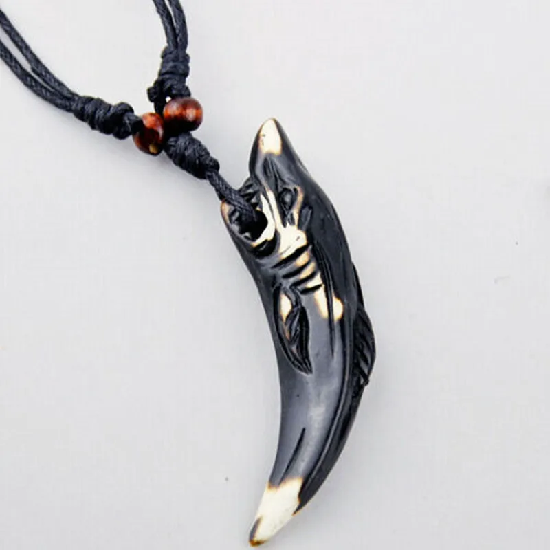 1pcs Real Wolf Teeth Yak Bone Wood beads Tooth Amulet Charm Pendant Necklace Wax Cord