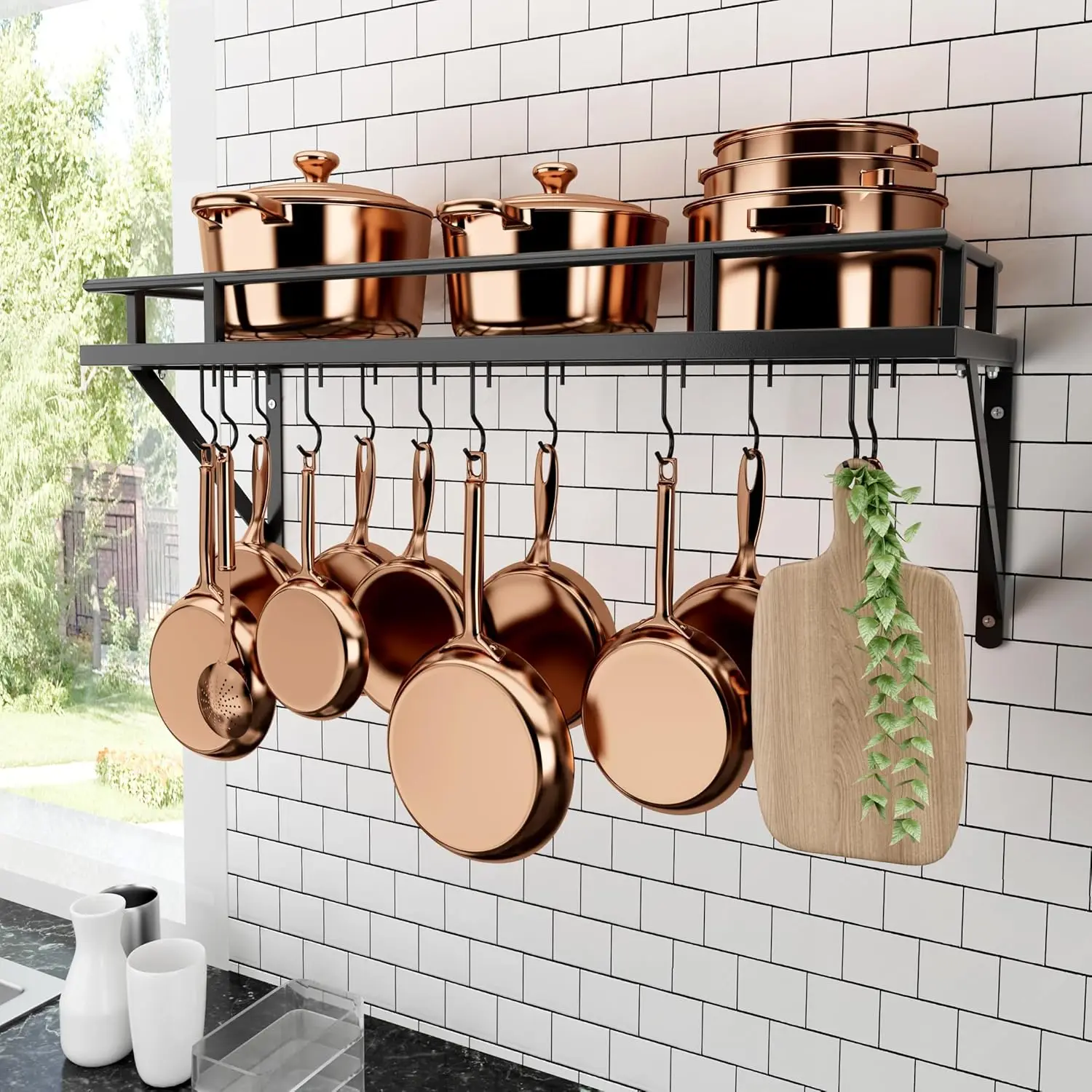 

30-Inch Wall Mounted Kitchen Pan Pot Rack with Hooks, Matte Black Storage Organizer for Pots and Pans
