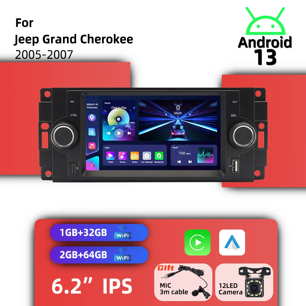 

Android Car Multimedia for Jeep Grand Cherokee 2005-2007 1Din 6.2" Screen Carplay Radio Stereo Head Unit GPS