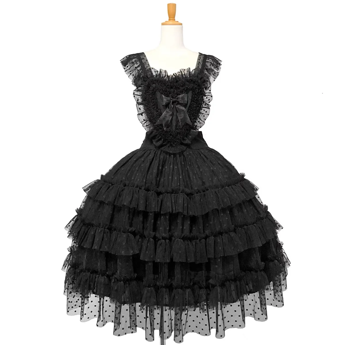 Tailored Gothic Lolita Black Polka Dot Pleated Stacked Suspender Strappy Dress Skirt