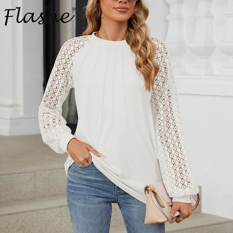 Autumn Women Casual Long Sleeve Blouses Shirt White O Neck Lace Patchwork Shirts For Women Pullover 2024