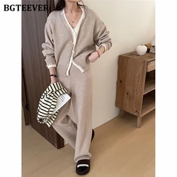 BGTEEVER Casual Loose Female Knitted Tracksuits V-neck Single-breasted Cardigans Sweaters & Straight Pants Women 2 Pieces Set