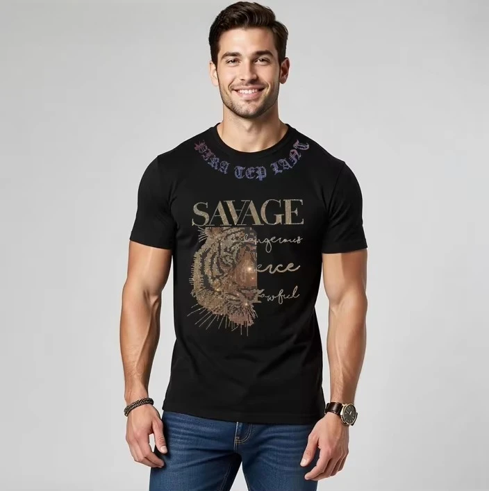 2026 Neues Cooles Luxus-Kristall-Strass-Herren-T-Shirt aus Reiner Baumwolle mit O-Ausschnitt, Kurzarm, Sommer-Street-Style, Weich und Bequem – Detail 3