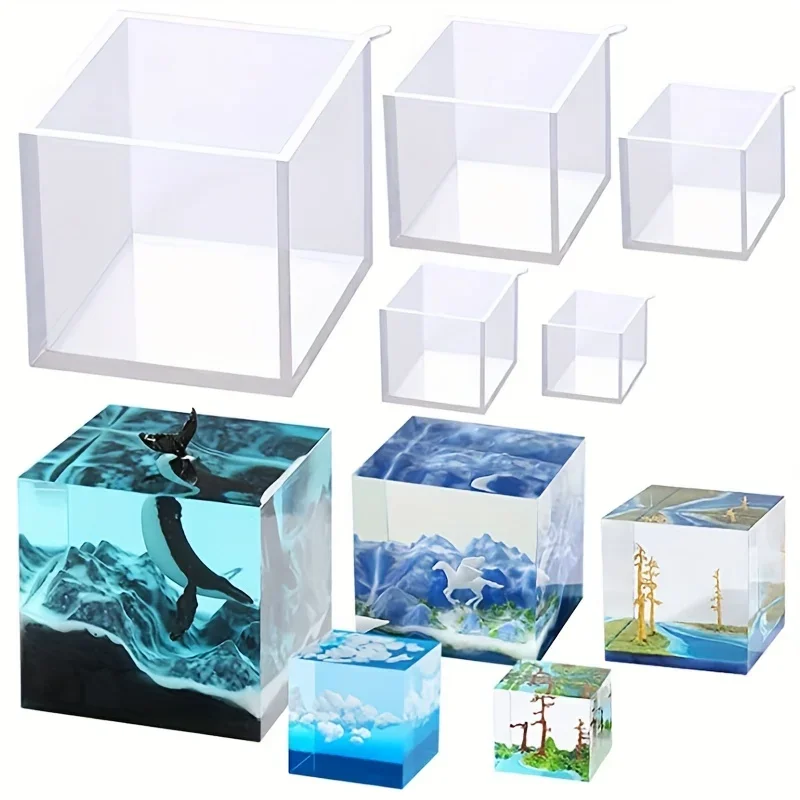 5 pcs Square Resin Mold Silicone, Epoxy Resin Pouring Mold DIY Box Resin Mold Silicone Resin Set Mold, Transparent Cube Silicone