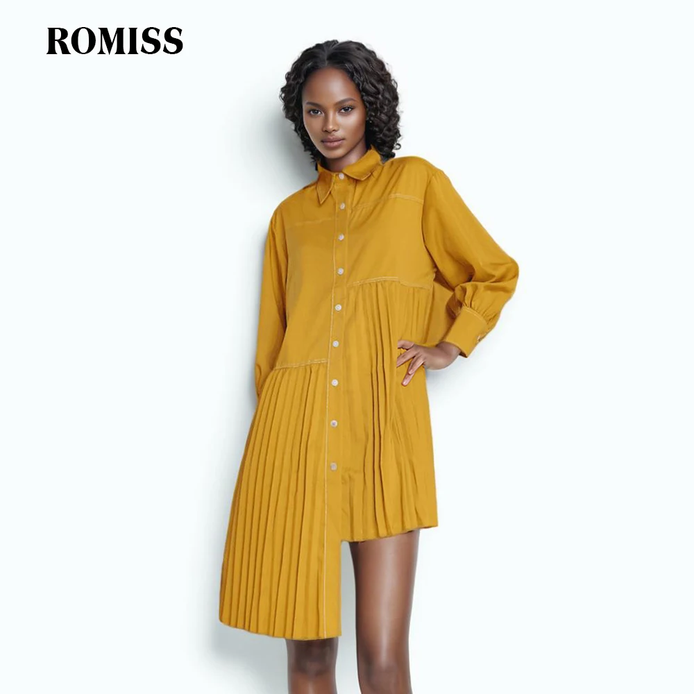 ROMISS Elegant Dresses For Women Lapel Lantern Sleeve High Waist Folds Mini Asymmetrical Casual Dress Female Fashion Clothing